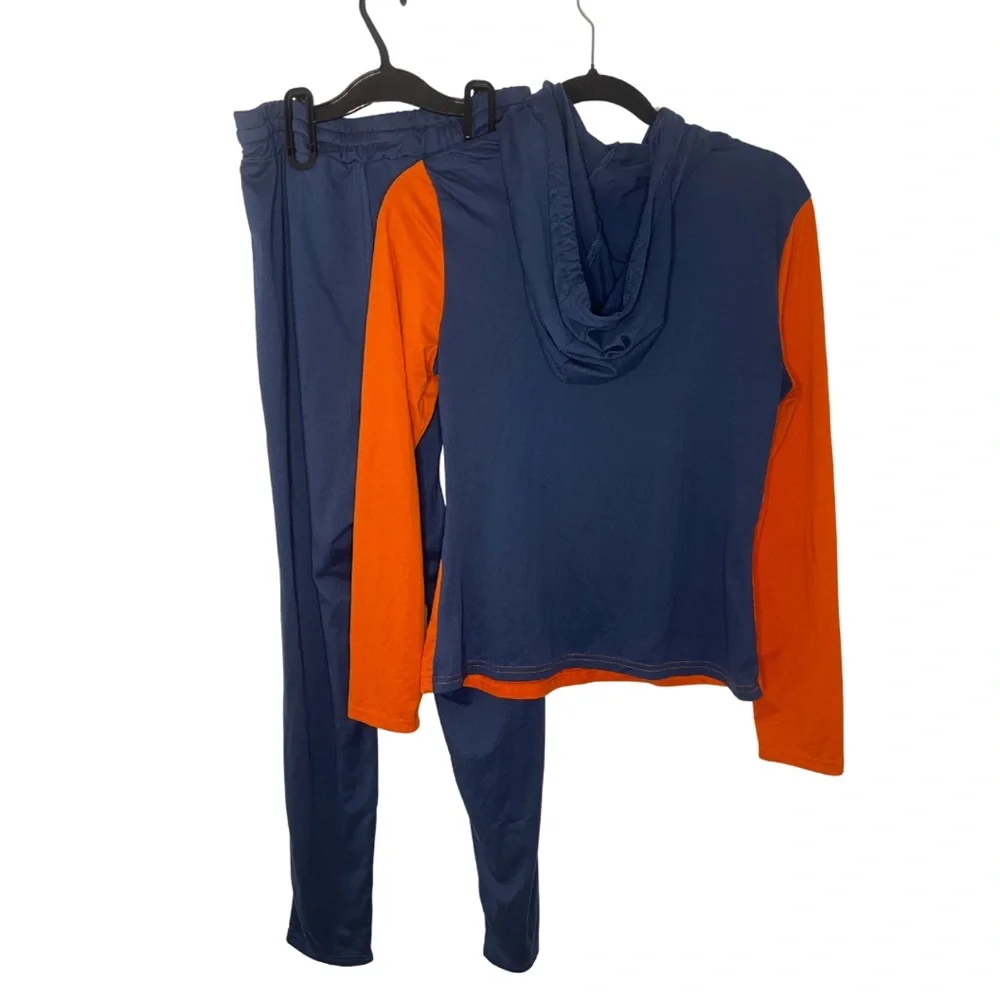 SHEIN Navy Blue Orange and Cream Colorblock Hoodie Jogger Set
